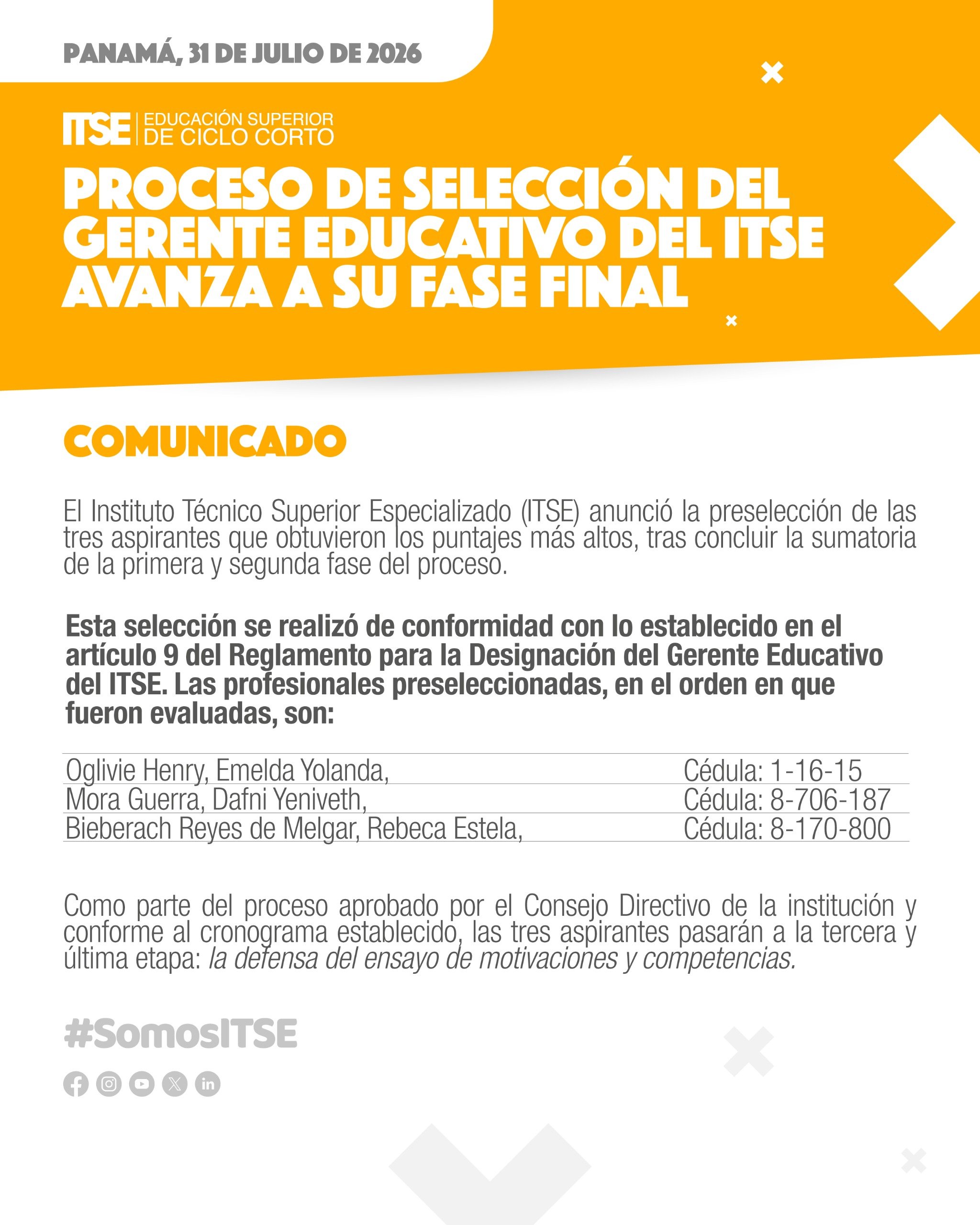 Proceso de selección del Gerente Educativo del ITSE avanza a su fase final